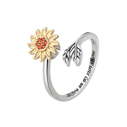 Sunflower Adjustable Rotating Ring in Platinum Finish - Elegant Floral Accessory for Everyday Wear