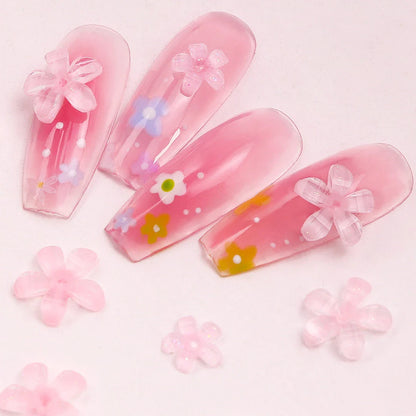 Transparent jelly 3D flower nail charms with rhinestone accents for elegant and charming nail art designs