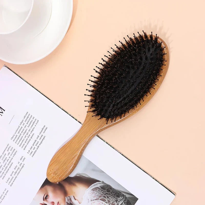 Natural Boar Bristle Hair Brush with Bamboo Handle for Detangling, Scalp Massage, and Frizz Control