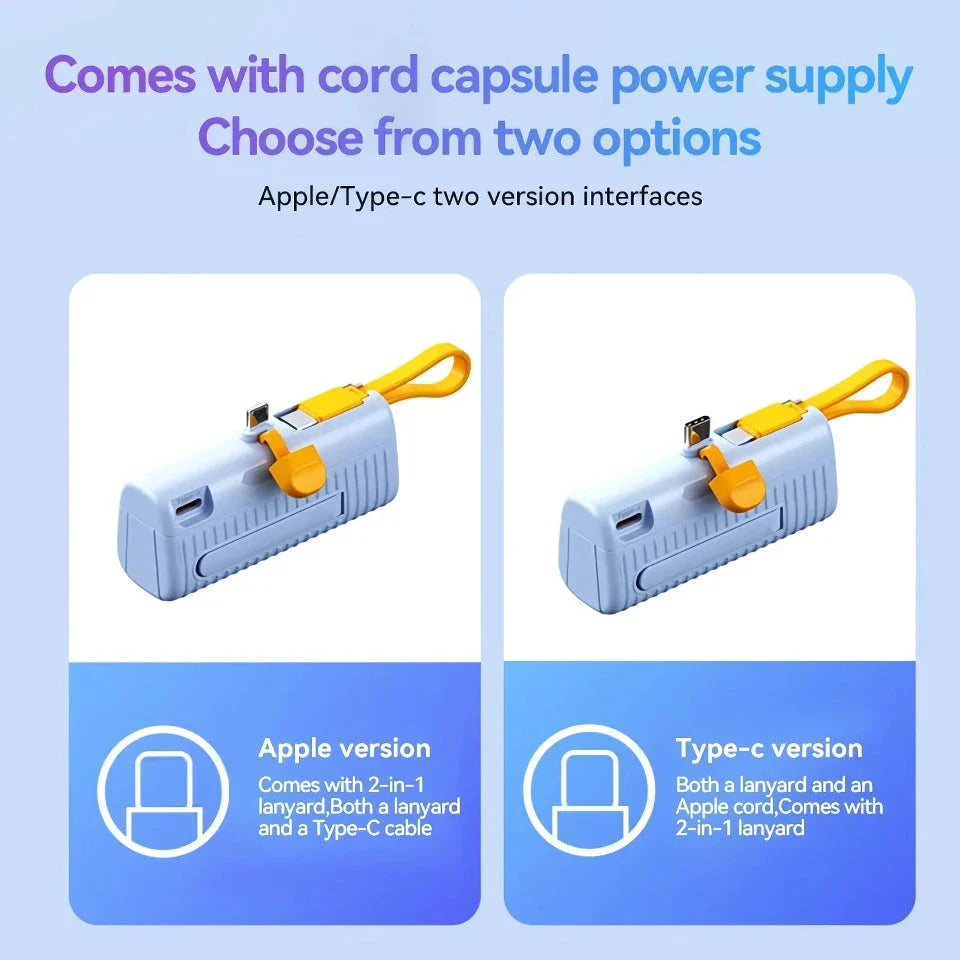 A compact, dual-port 30,000mAh power bank with built-in charging cables and fast charging capabilities.