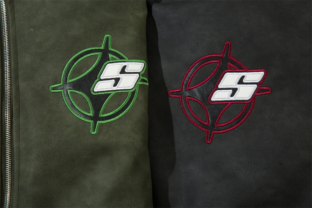 Fashionable Loose PU Leather Jacket with Star Embroidery Design in Black and Gray Green Colors