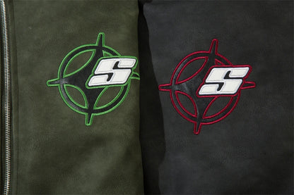 Fashionable Loose PU Leather Jacket with Star Embroidery Design in Black and Gray Green Colors