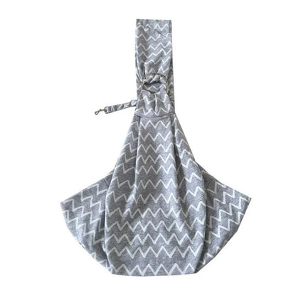 Adjustable gray striped cotton pet sling carrier bag for pets up to 13 lbs