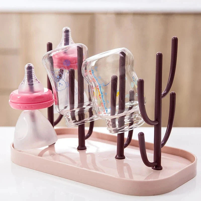 Multi-Functional Baby Bottle Drying Rack with Drip Tray in Blue, Pink, and Gray Colors