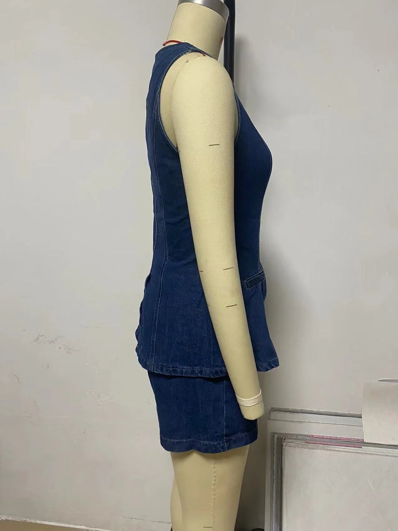 Sleeveless denim button-up top and high-waisted shorts set for women's summer fashion