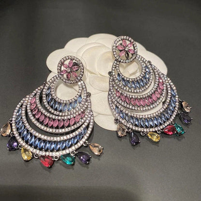 Elegant crescent-shaped water drop tassel earrings with vibrant artificial gems and semi-precious stones