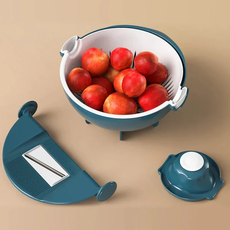 Multifunctional 2-in-1 Vegetable Slicer and Fruit Strainer with slicing disc, grater, and spiralizing accessories