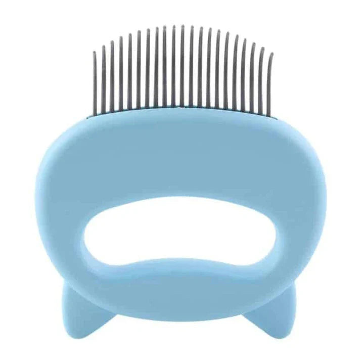 A blue pet grooming brush with a curved design, designed to gently massage and remove loose hair from your pet's coat.