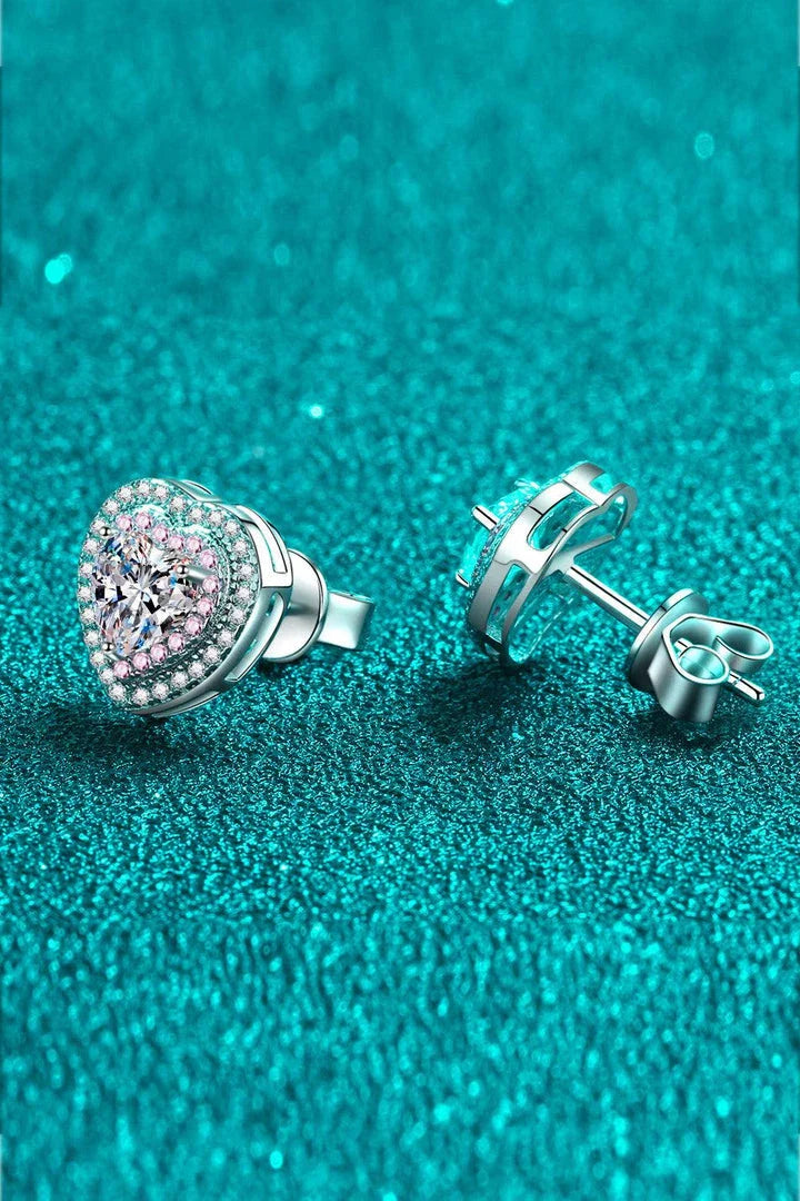 Elegant silver moissanite heart-shaped stud earrings with sparkling zircon accents