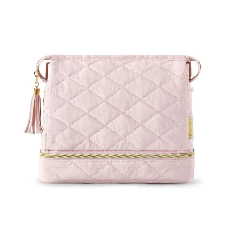 Elegant dual-layer makeup organizer bag in pink color with stylish tassel zippers and smooth zipper closure for easy access to cosmetics and beauty essentials