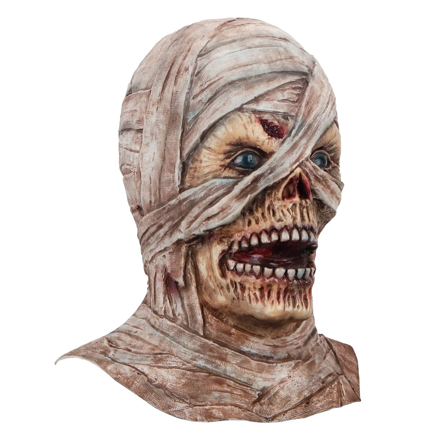 Realistic mummy mask made of high-quality latex with detailed textures and features for a spooky Halloween costume or decoration