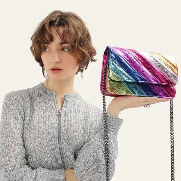Colorful striped flap handbag with metal chain, a stylish and versatile fashion accessory made from high-quality vegan leather