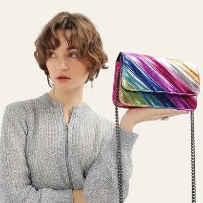 Colorful striped flap handbag with metal chain, a stylish and versatile fashion accessory made from high-quality vegan leather