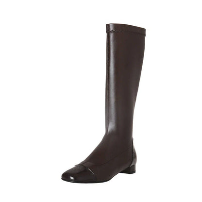 Colorblock low heel casual boots with square toe design, available in multiple color options
