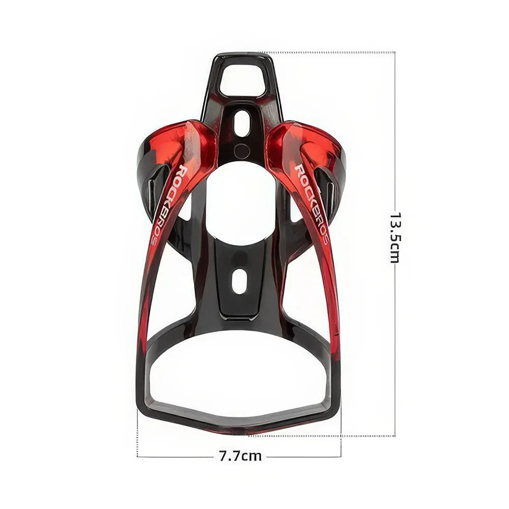 A stylish, lightweight cycling bottle holder with a two-tone design, securely holding a water bottle on a bike.