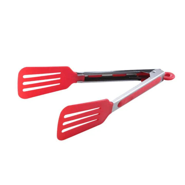 Colorful stainless steel BBQ tongs with silicone grips for secure handling of hot items on the grill