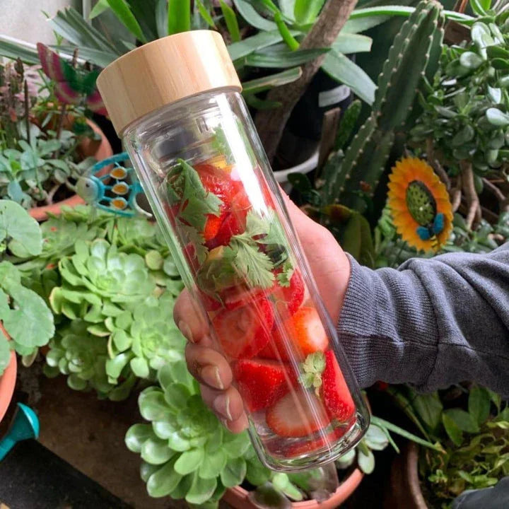 Premium glass water bottle with bamboo infuser lid for healthy, eco-friendly hydration on the go