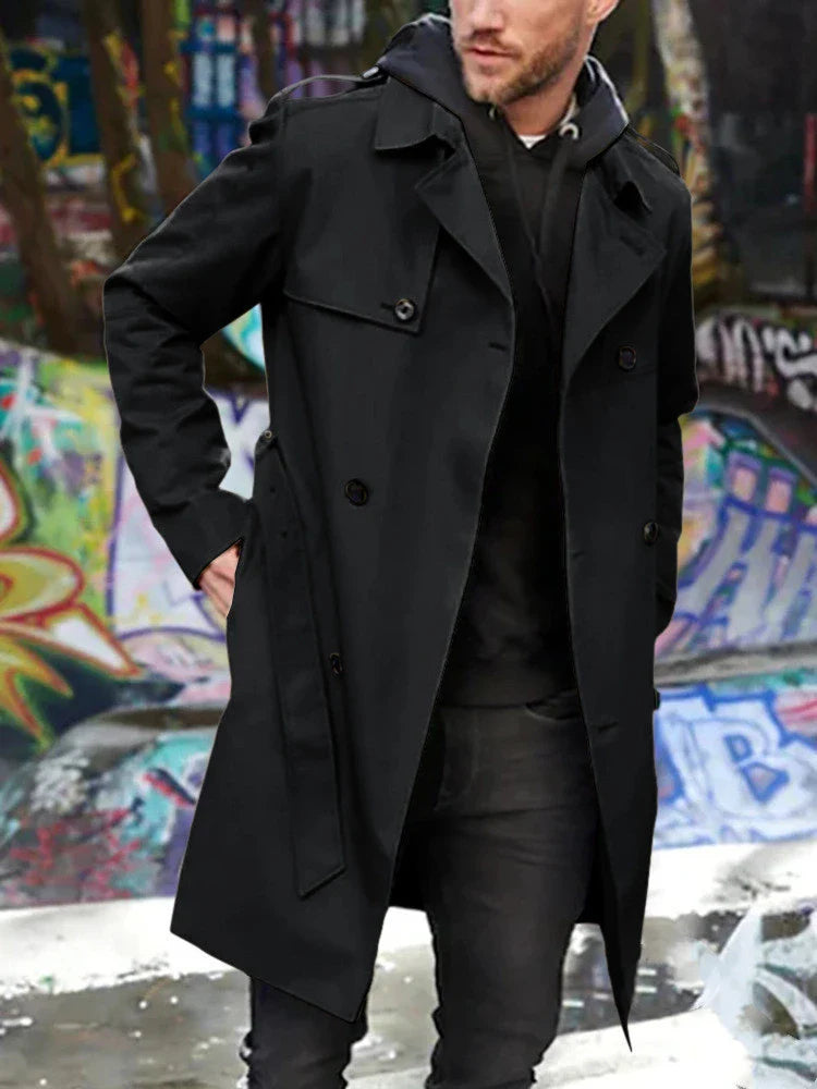 Stylish men's double-breasted trench coat in light gray color with slim fit silhouette