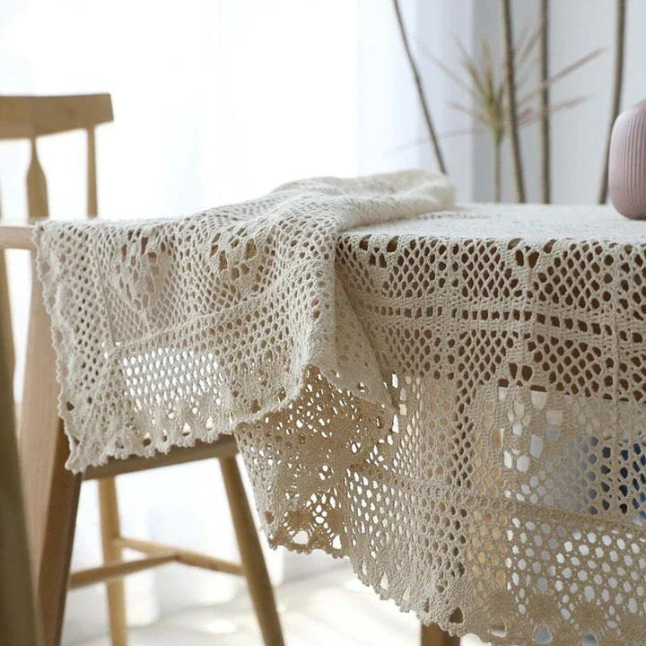 Rectangular cotton lace tablecloth in beige color with elegant lace pattern, available in various sizes for home dining