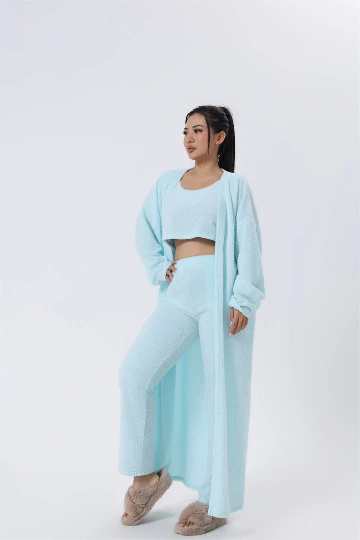 Cozy 3-piece loungewear set in pastel colors including crop top, wide-leg pants, and matching cardigan