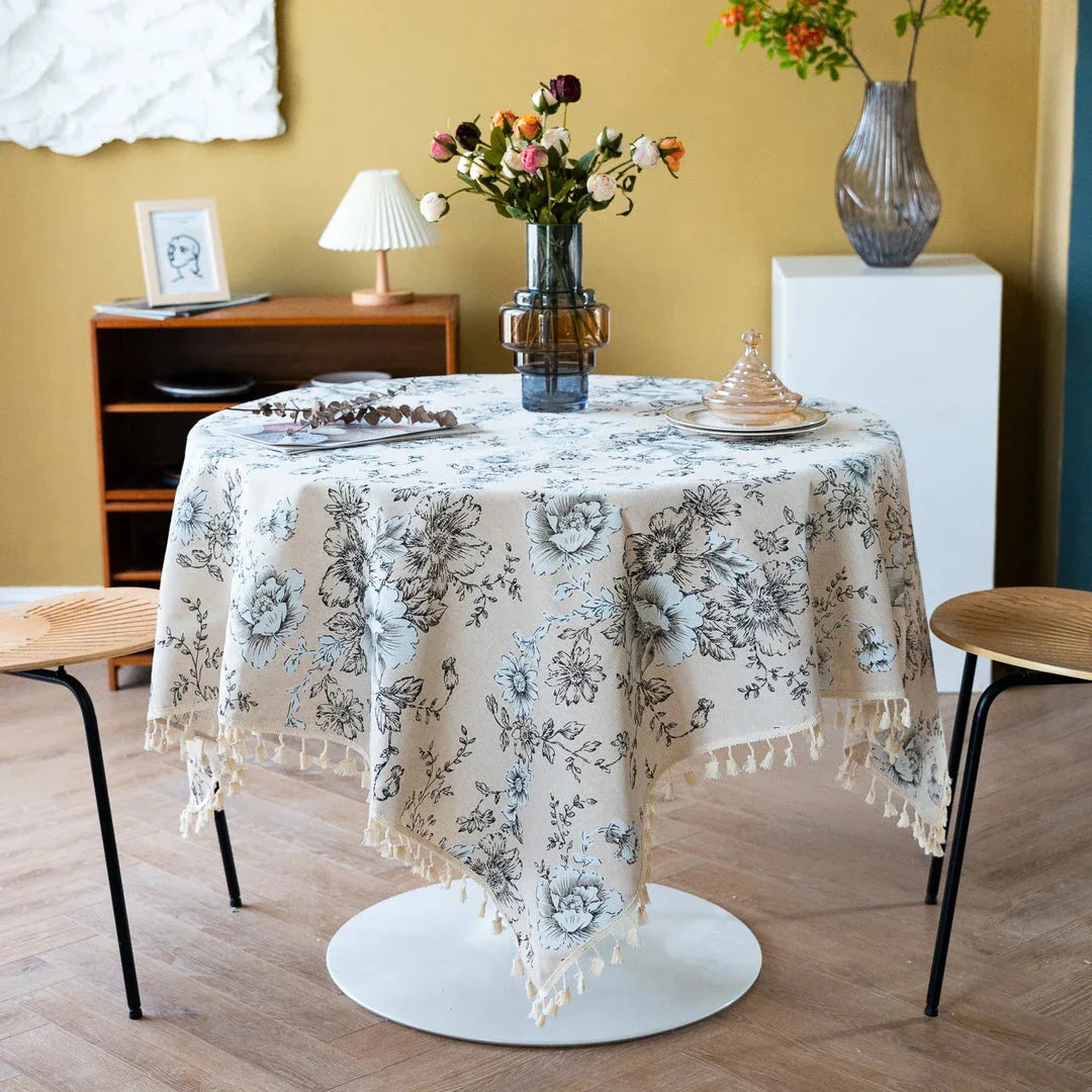 Peony Print Cotton Linen Tablecloth with Tassels for Elegant Home Decor