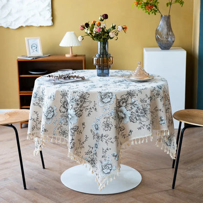 Peony Print Cotton Linen Tablecloth with Tassels for Elegant Home Decor