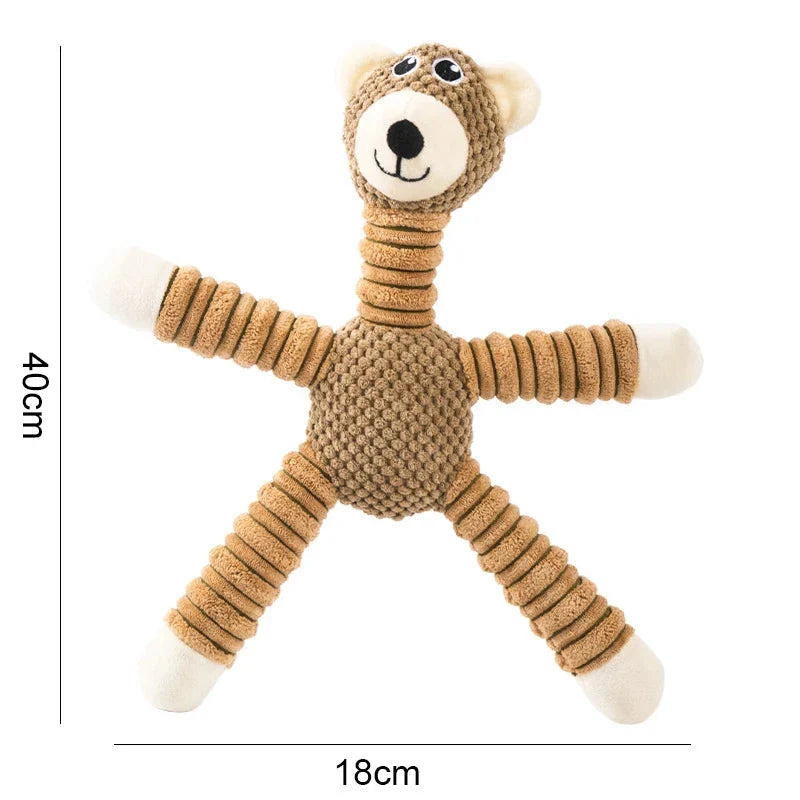 A high-quality plush pet toy with a squeaker, designed to be durable and promote dental health through interactive play.