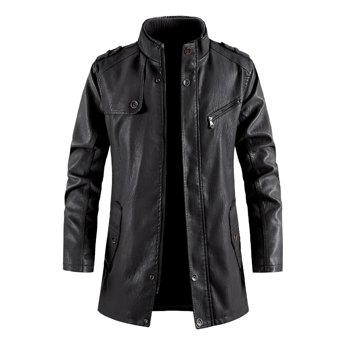 Fashionable standing collar plush leather jacket for men in black, brown, and light brown colors