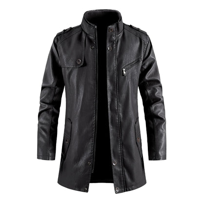 Fashionable standing collar plush leather jacket for men in black, brown, and light brown colors