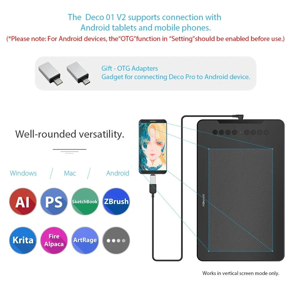 XPPen Deco 01 V2 10-inch Digital Drawing Tablet with Customizable Shortcuts and Tilt-Supported Stylus