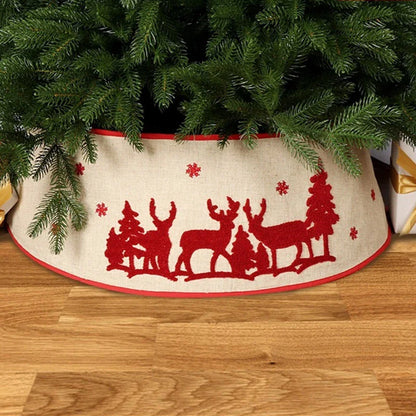 Foldable Christmas tree skirt with decorative elk design, made of high-quality linen for a cozy, inviting holiday atmosphere.