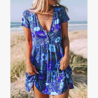 Women's short-sleeved printed dress with a flattering v-neck and mid-waist design
