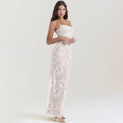 Elegant ivory lace 2-piece evening dress set with tie-up back and ankle-length silhouette