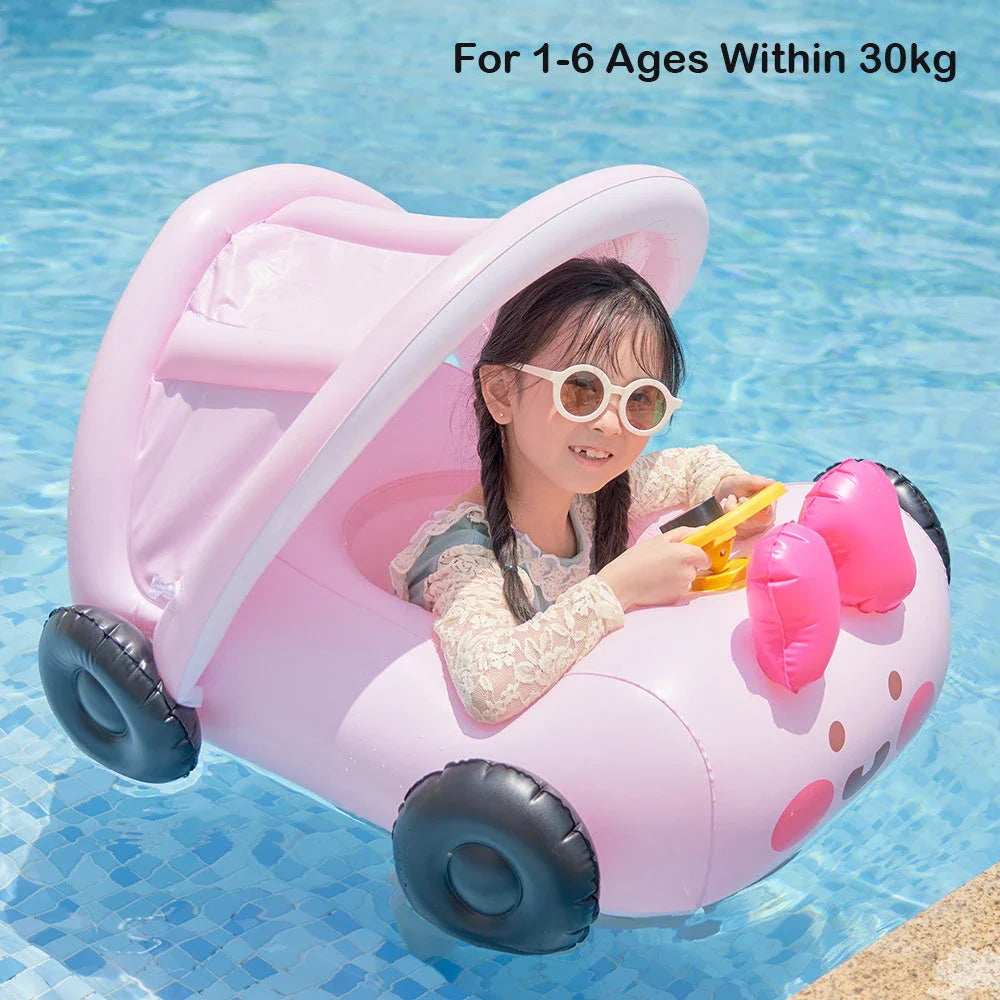 Inflatable car-themed swimming seat ring for kids with detachable sunshade and vibrant yellow color