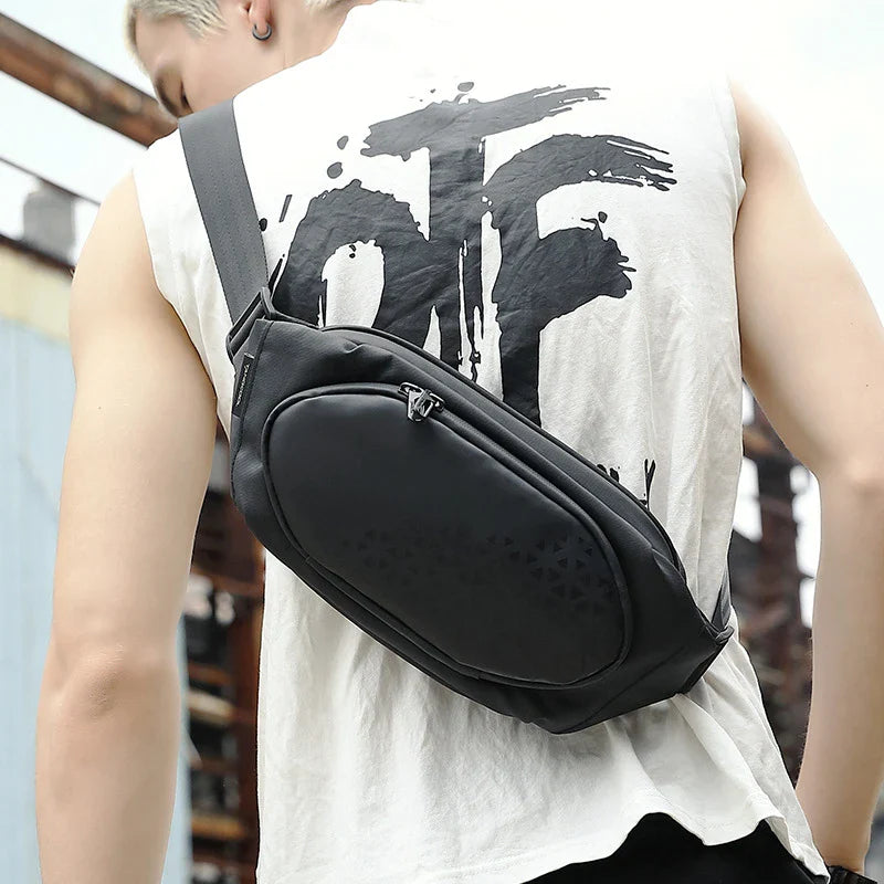 Trendha Mini Casual Sports Shoulder Bag in Black, featuring a compact yet roomy design, durable Oxford cloth construction, and waterproof protection.