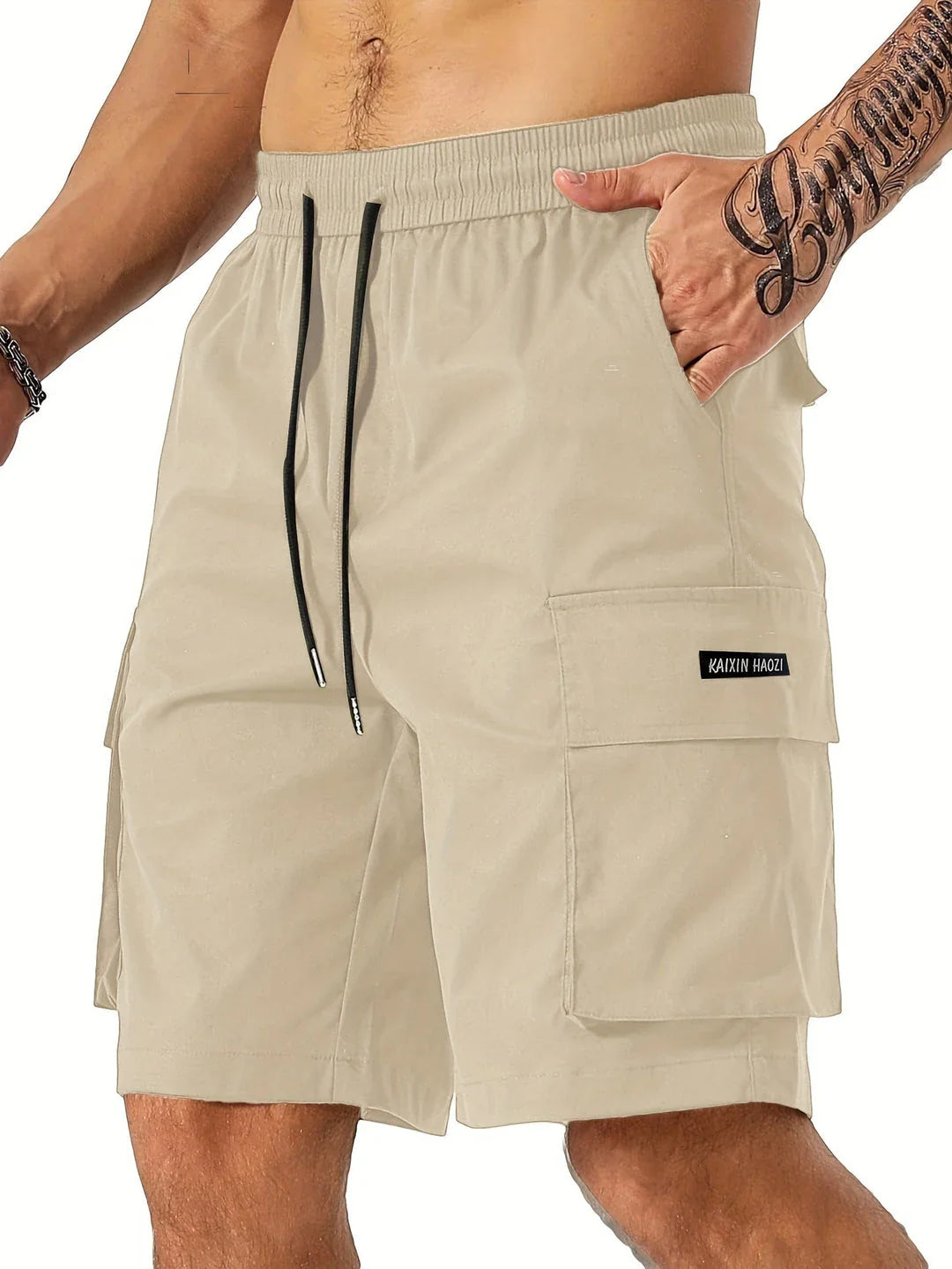 Drawstring waist men's workwear shorts with multiple pockets in various colors