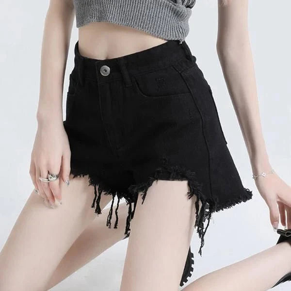 Chic high-waisted black denim shorts with stylish button detailing for a flattering and comfortable look
