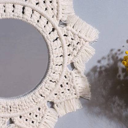 Handcrafted white macrame mirror wall hanging with intricate boho-inspired design, perfect for adding style and charm to home decor
