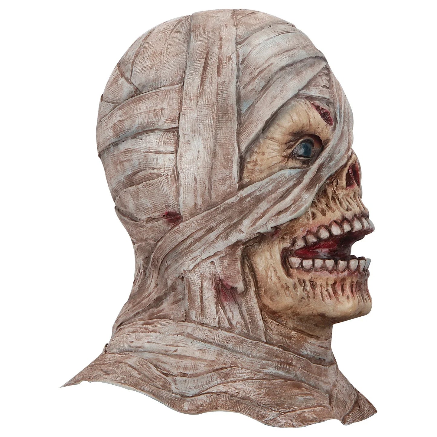 Realistic mummy mask made of high-quality latex with detailed textures and features for a spooky Halloween costume or decoration