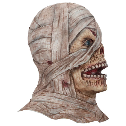 Realistic mummy mask made of high-quality latex with detailed textures and features for a spooky Halloween costume or decoration