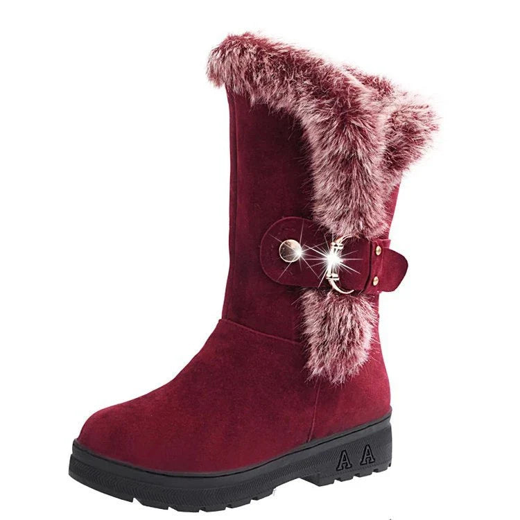 Women's winter snow boots in black, brown, and wine red colors with flocking upper material, wedge heel, and buckle closure