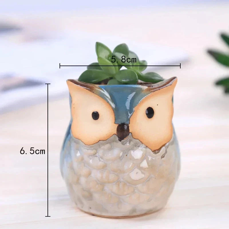 Adorable mini owl-shaped ceramic planter for small plants and succulents, featuring vibrant colors and vintage charm