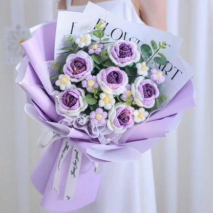 A knitted floral bouquet with vibrant flowers and LED lighting, creating a mesmerizing and elegant home decor piece.