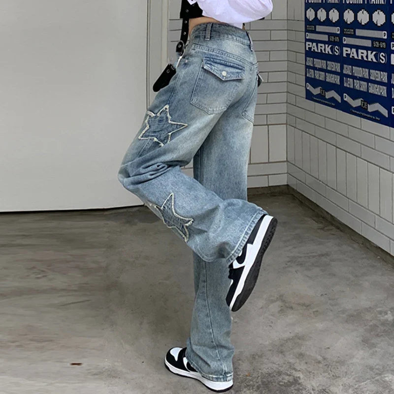 Premium embroidered high-rise straight leg denim jeans in a classic blue color