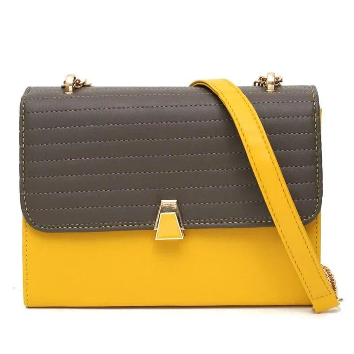 Color Block Quilted Vegan Leather Fashion Shoulder Bag in Orange with Decorative Lock and Chain Detail