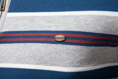 Cozy autumn and winter half-zip sweater in green, dark blue, khaki, and light gray colors