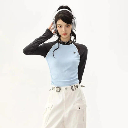 Chic Retro Patchwork Ribbed T-Shirt for Women in Blue, featuring a unique patchwork pattern and a comfortable, stylish design.