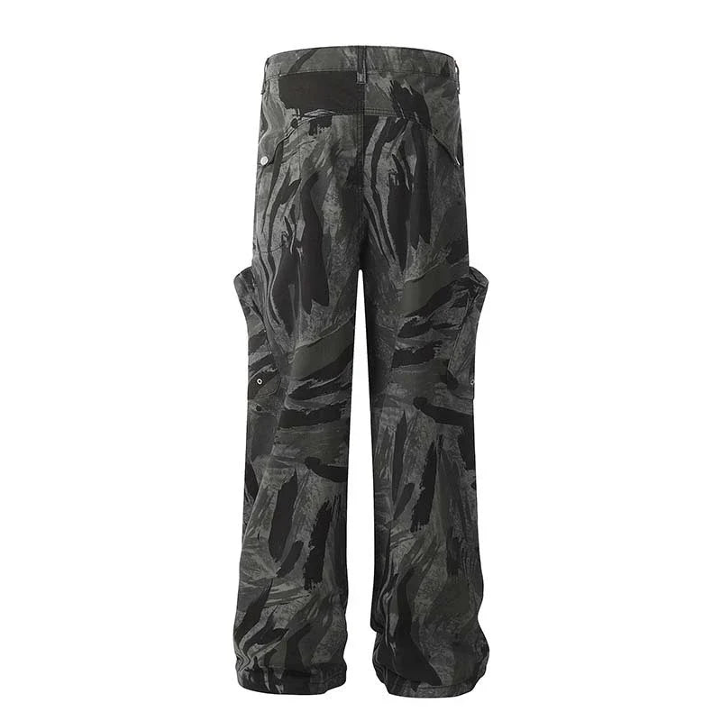 Graffiti camouflage print straight-leg jeans with a high-waist design for a flattering, comfortable fit