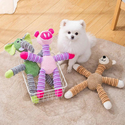 A high-quality plush pet toy with a squeaker, designed to be durable and promote dental health through interactive play.