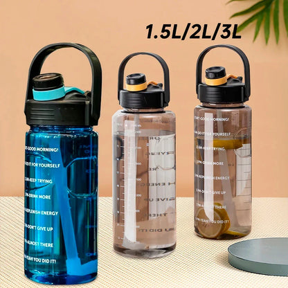 A large capacity sports water bottle with a straw lid and time stamps, designed for ultimate hydration and convenience.